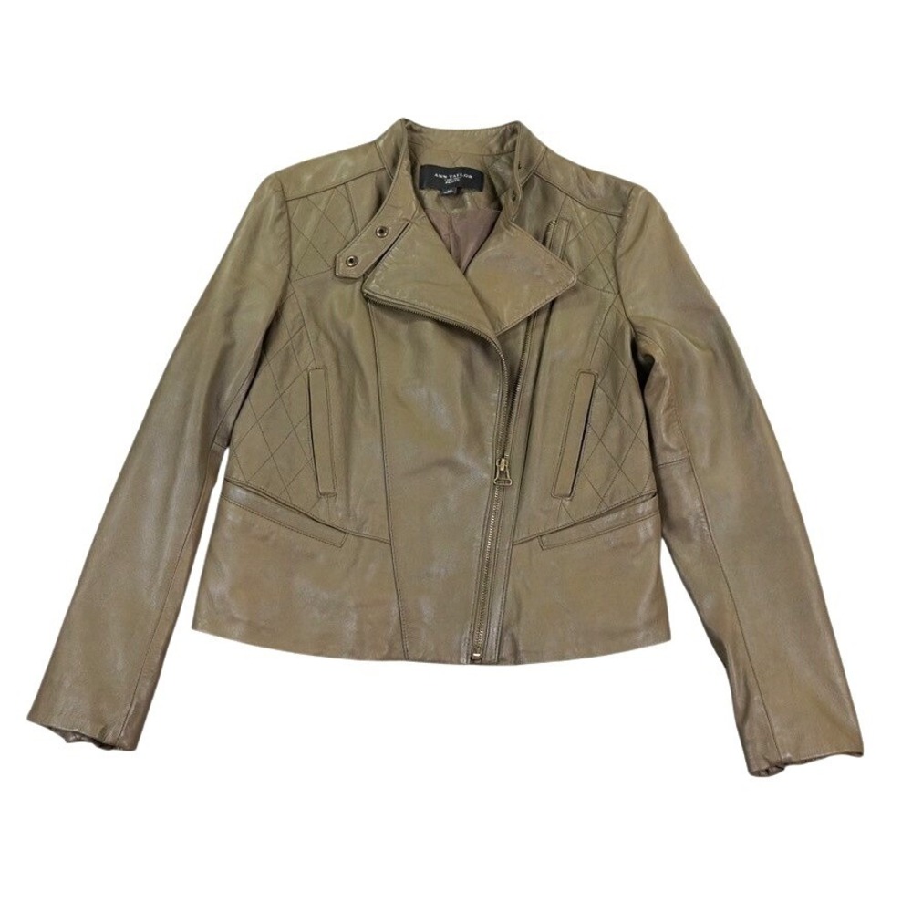 Ann Taylor Leather Moto Jacket Womens SP Olive Taupe Quilted Petite Biker